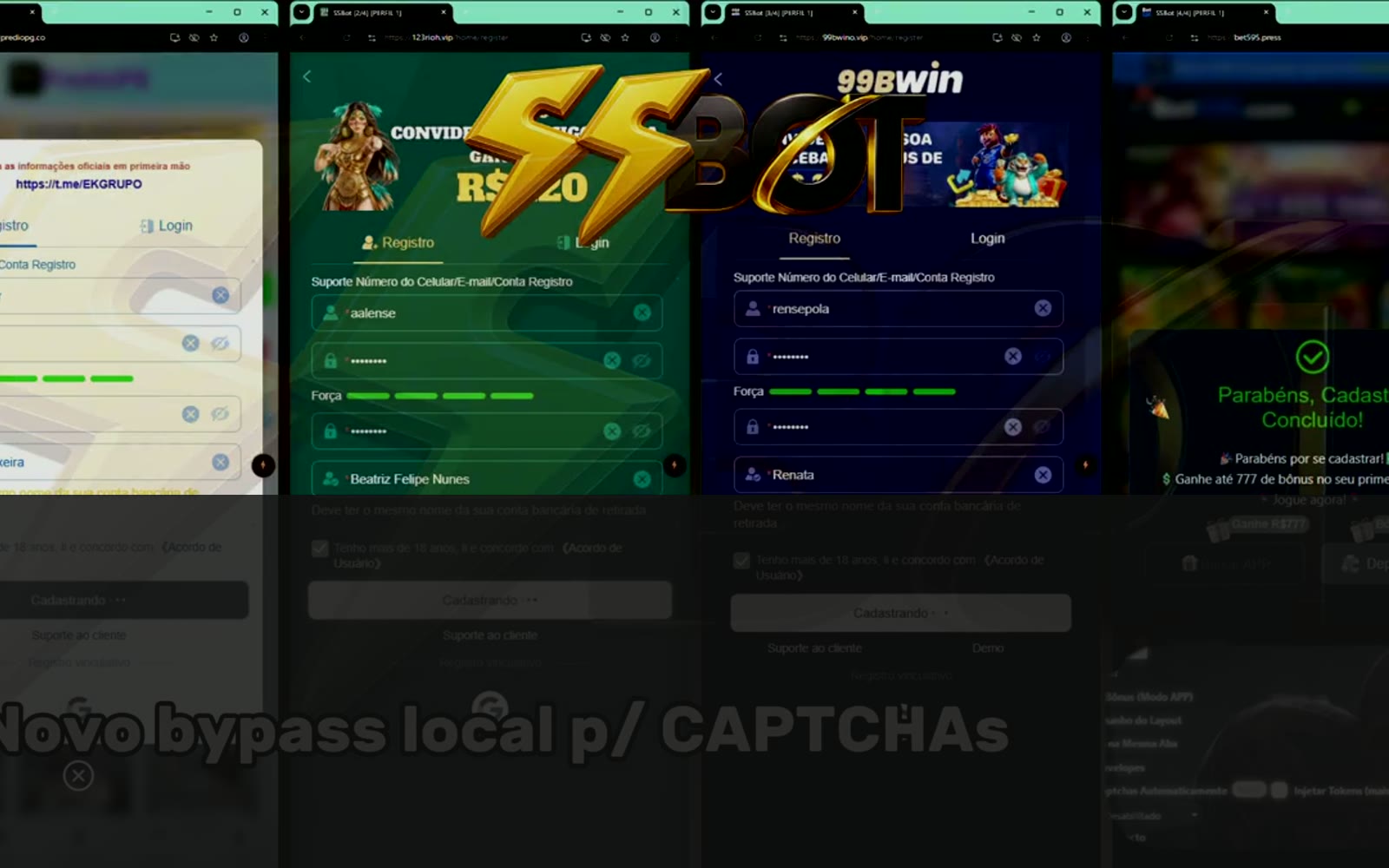 Quatro cadastros sendo preenchidos em paralelo pelo SSBot